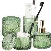 RACOBOT Green Bathroom Accessories Set, 4Pcs Green Bathroom Decor Accessory Sets Complete, Glass Soap Dispenser and Toothbrush Holder Set for Vintage Bathroom Countertop