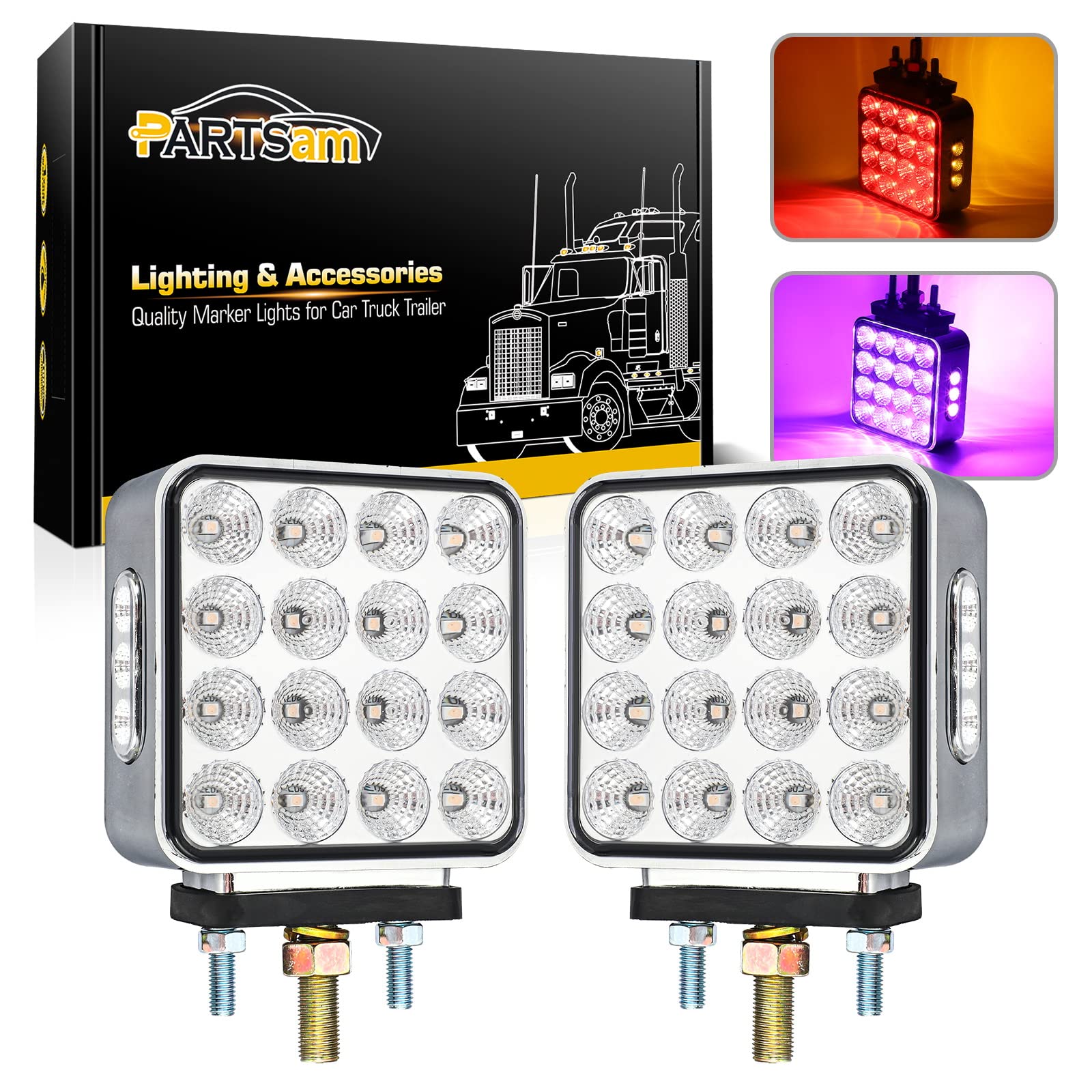 Photo 1 of ****Missing one****Partsam 2x Dual Revolution Amber/Red/Purple Square Double Face 38 Diode Marker/Turn Signal and Auxiliary Led Pedestal Light with Chrome Housing Sealed Replacement for Kenworth/Peterbilt/Freightliner