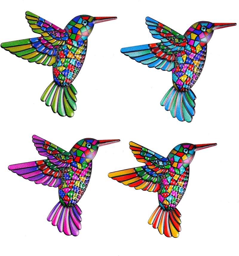 OFFCUP 4 Pack Metal Hummingbird Wall Art Outdoor Decor Rainbow Colorful