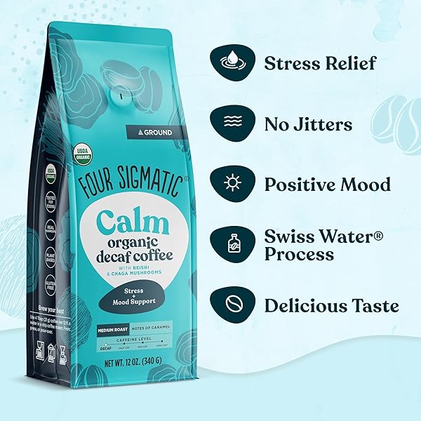 FOUR SIGMATIC CALM ORGANIC DECAF GROUND COFFEE | SWISS WATER DECAF COFFEE WITH CHAGA & REISHI MUSHROOM EXTRACTS | 12OZ BAG