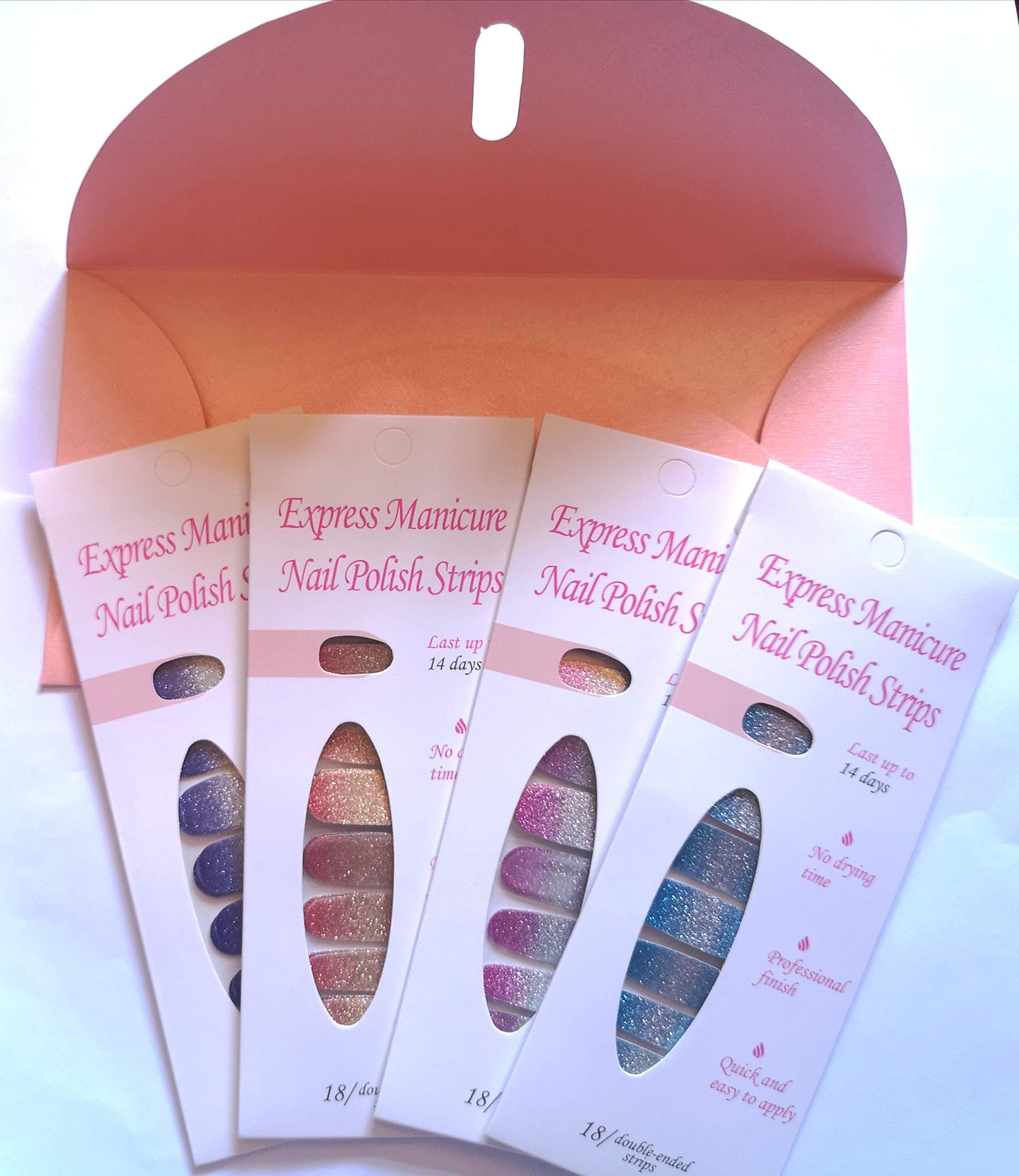 Express Manicures 100% Nail Polish Strips 4 Sheet Gift Set 18 Double Ended Strips Non-toxic Self Adhesive (Ombre)