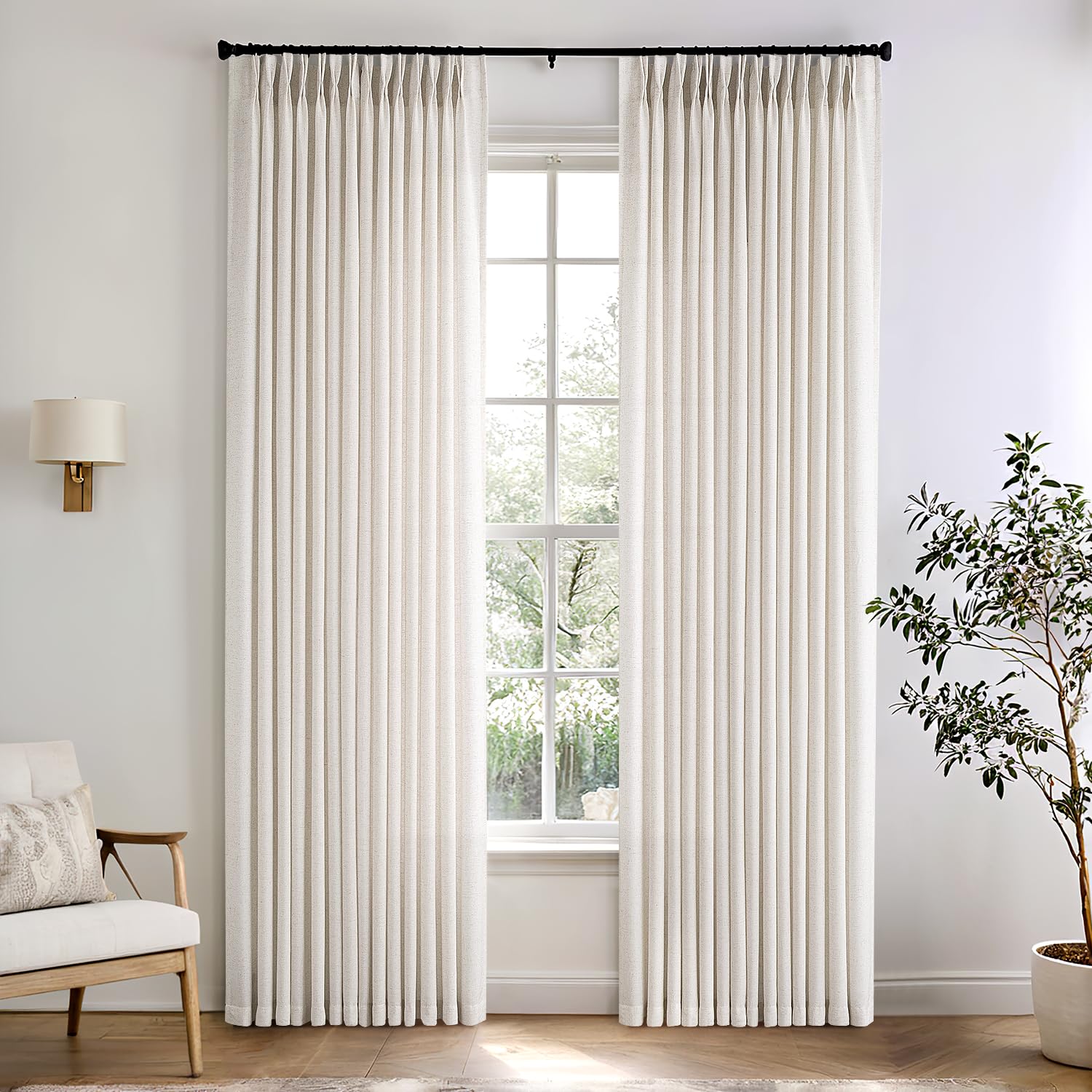 Photo 1 of Pinch Pleated Linen Curtains Drapes with Hooks&Clips, Thick Linen Textured Memory Trained Pinch Pleat Sheer Curtains Light Filtering 96 Inch Long, Semi Sheer Pleated Privacy Curtain Bedroom Window
