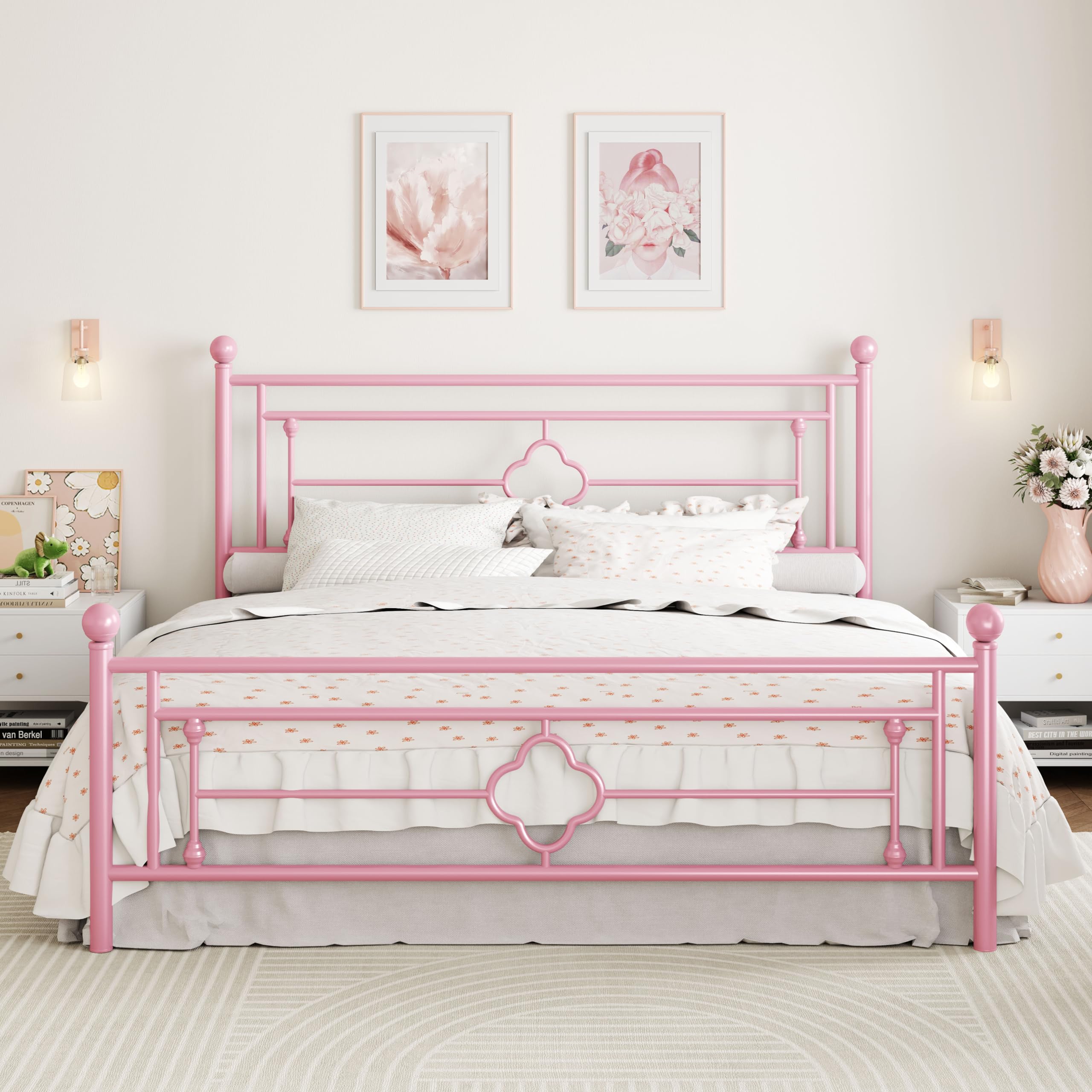 SHA CERLIN 14 Inches King Size Metal Platform Bed Frame/Vintage Iron-Art Headboard and Footboard/Mattress Foundation for Storage/No Box Spring Needed/Noise-Free/Easy Assembly/Pink Image
