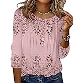 Zeagoo 3/4 Length Sleeve Womens Tops Round Neck Casual Summer Tunic Tops Basic Tees Blouses Dressy T-Shirts Pleated Shirts