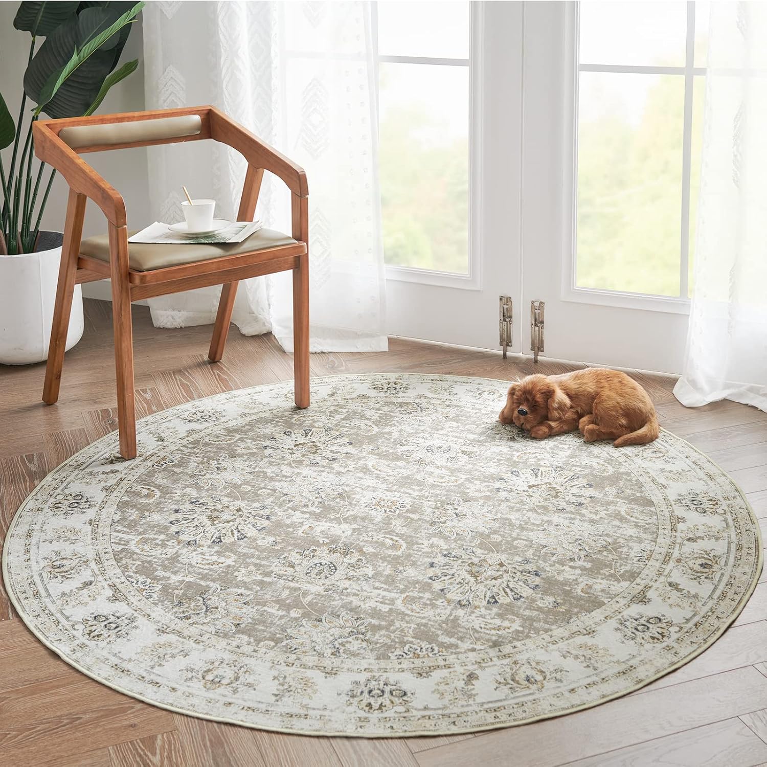 Rugs, Pads & Protectors - jinchan Round Rug 5ft Area Rug Indoor Vintage Hallway Circle Rug 5' Round Washable Thin Rug Floral Print Non Slip with Rubber Backing for Living Room Dining Room Bedroom Entryway Taupe