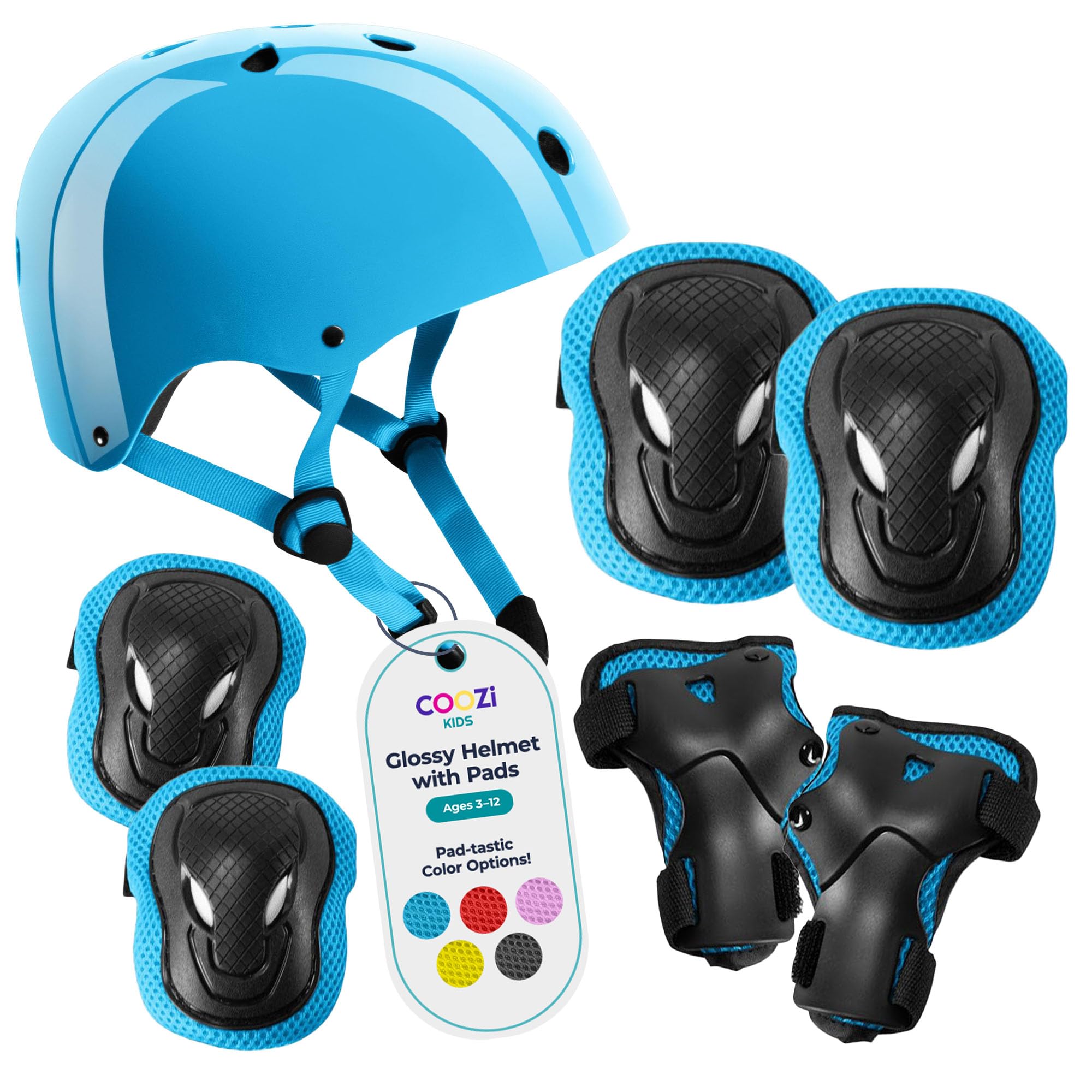 COOZi Glossy Helmet and Pad Set for Kids - Adjustable Protective Gear with Knee, Elbow & Wrist Pads, Safety Set, Cycling, Skateboarding, and Scooting for Boys & Girls Ages 3-12