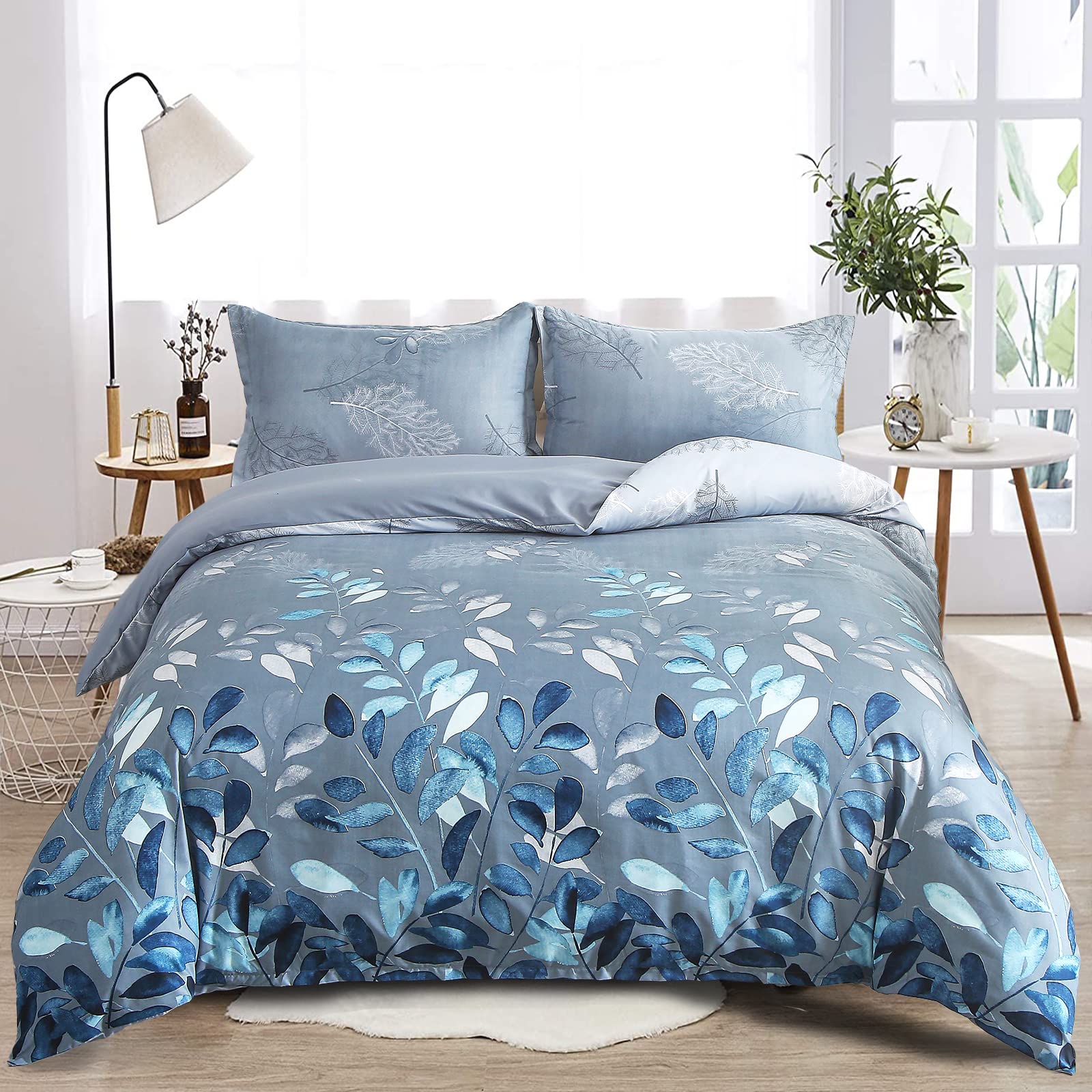 DJY Floral Duvet Cover King Blue Leaves Bedding Set, Reversible Lightweight Bedding Sets 3pcs with Zipper Closure (King, 220x230cm) — image 1