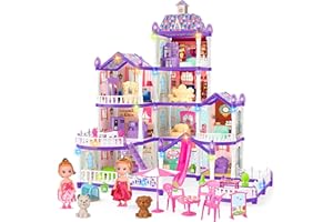 Seifar Doll House for Girls,10 Rooms Purple House Toy with Doll Figures, Puppies,Lights, Furnitures, Accessories, Kids Playhouse Gift for for 3 4 5 6 7 8 9 10 Year Old