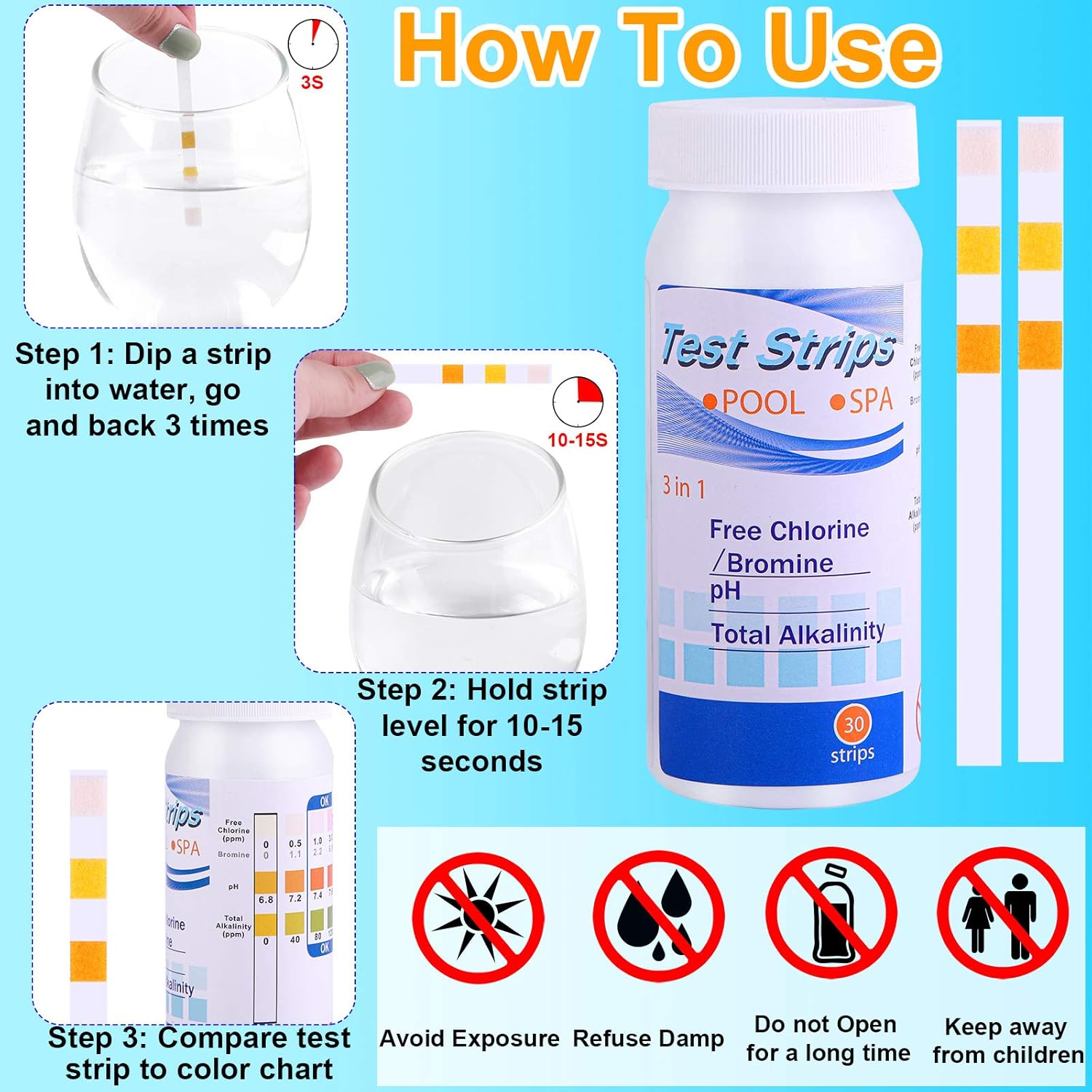 ADXCO 30 Pieces Water Test Strips, 3 in 1 Pool and Spa Dipping Test
