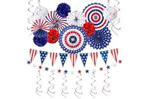 UNITICBER Fourth of July Decorations Red White Blue Decorations Set of Paper Fans, USA Flag Pennant Bunting, Pom Poms, Hanging Swirls, Star Streamer, Head Bopper for Memorial Day Veterans Decor