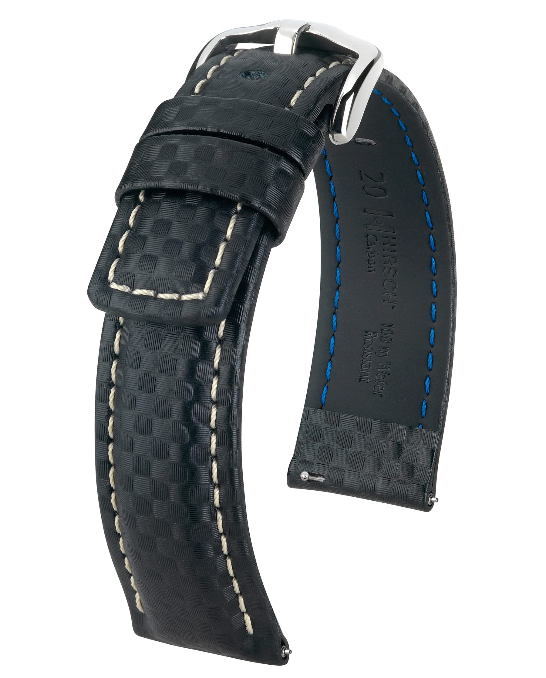 HIRSCH Carbon XL, 100m-WR, High-Tech Leather Watch Strap in Black, 22 mm, Steel Buckle