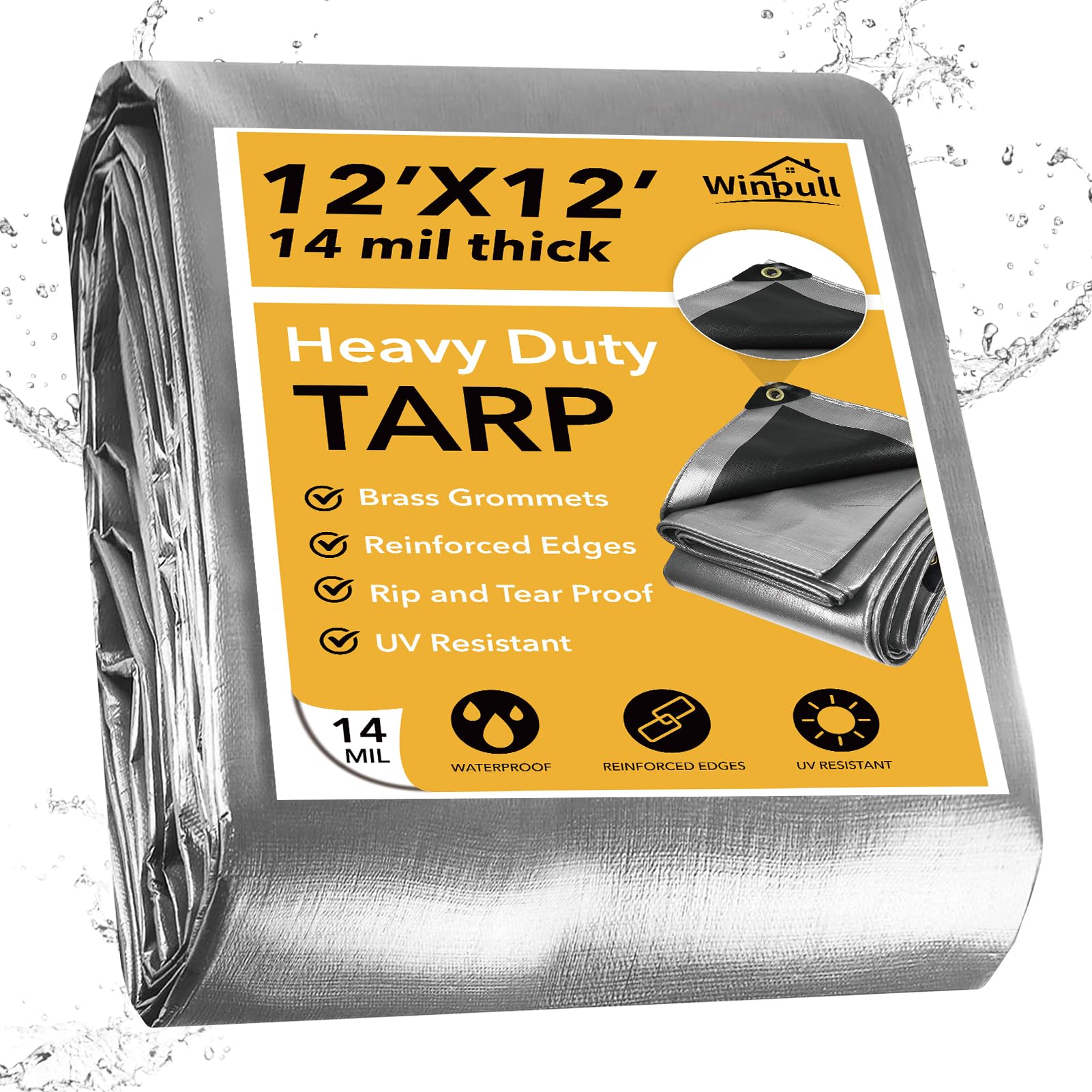 Winpull Tarp 12x12 Feet 14 Mil Heavy Duty Waterproof Tarp, Large Multipurpose Cover with Brass Grommets and Reinforced Edges, UV Resistant Thick Poly Tarps for Outdoor Camping Tent Pool Car Image