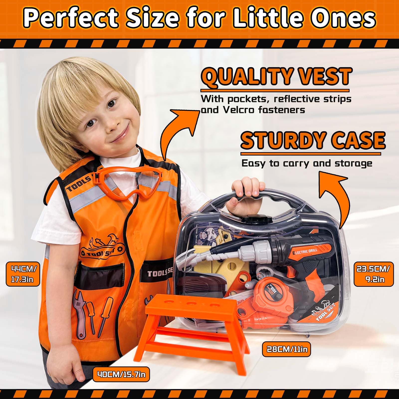 KidBloom Werkzeugkoffer Kinder Geschenk Junge 3 Jahre, Kinderspielzeug ab 3 Jahre mit Bohrmaschine und Bauarbeiter Kostüm Kinder, Spielzeug ab 3 4 5 Jahre Junge 3