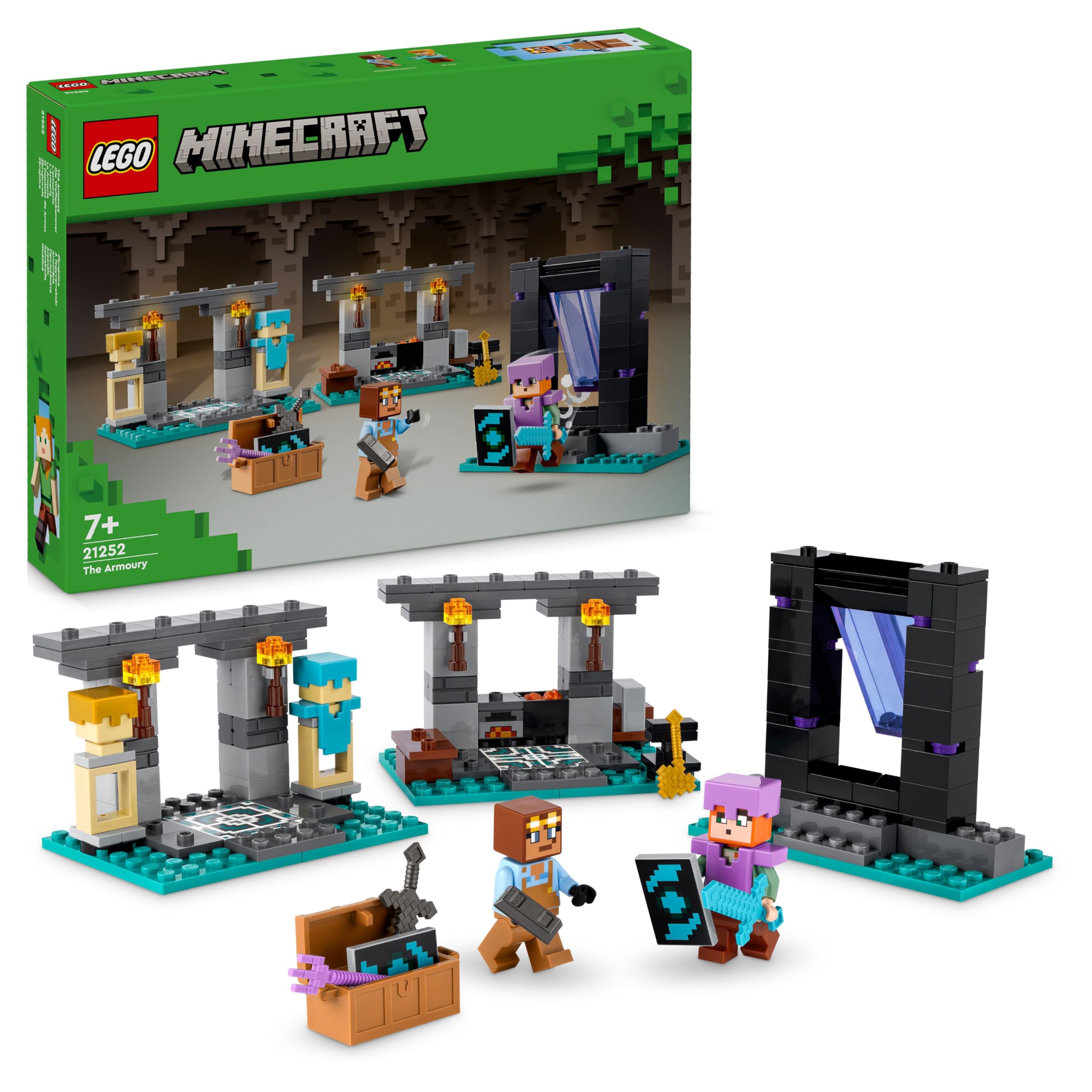 LEGO Minecraft The Armoury Toy - incl. a Nether Portal, plus Alex & Armoursmith Figures with a Golden Axe, Swords & Shield Accessories - Gaming gift for 7+ Year Old Boys & Girls - 21252
