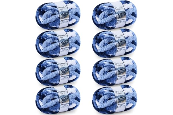 Cozyful Chunky Yarn for Hand Knitting - #10 Chunky Chenille Blanket Yarn, Jumbo Big Thick Chunky Yarns for Crocheting, Tie Dye Bulky Knit Yarns, 8 Skein (25 yds 8 oz Each Skein), Multi Blue & White
