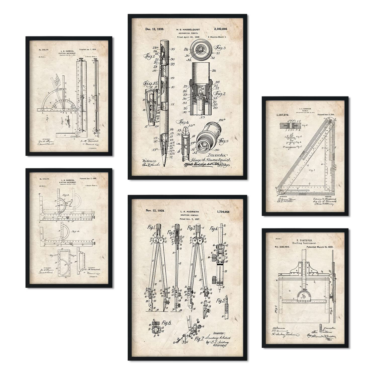 Nacnic Set of 6 Measurement Tool patent prints. Posters with retro patent illustrations for your home, shop, office... Vintage style interior decoration. A4 and A3 sizes. No frame.