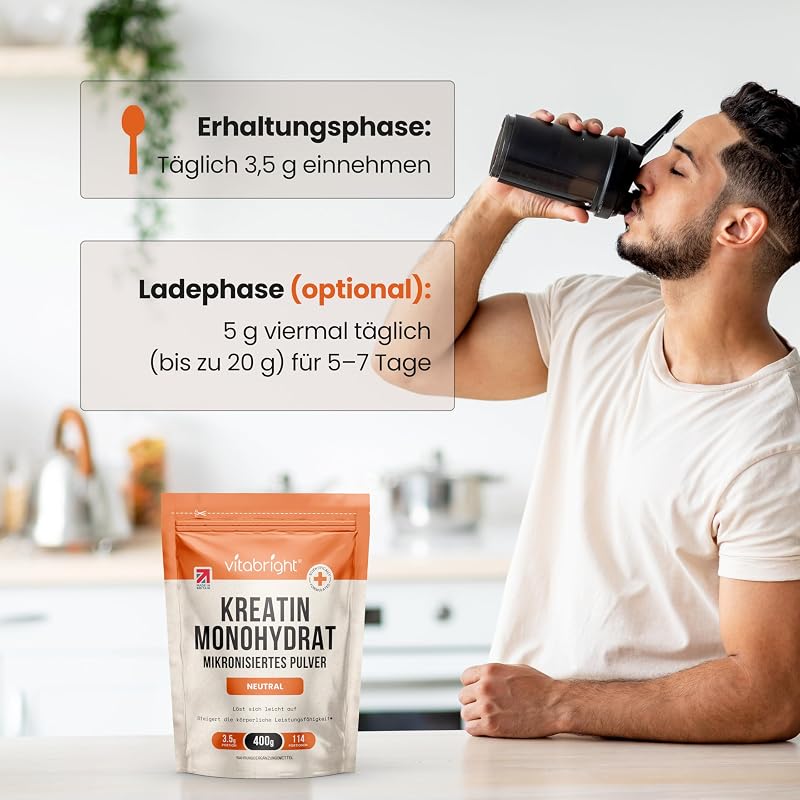 Kreatin Monohydrat Pulver 400 g | 114 Portionen | 200 Mesh ultrafein mikronisiert | Schnell lösliches Creatin | Vegan | VitaBright