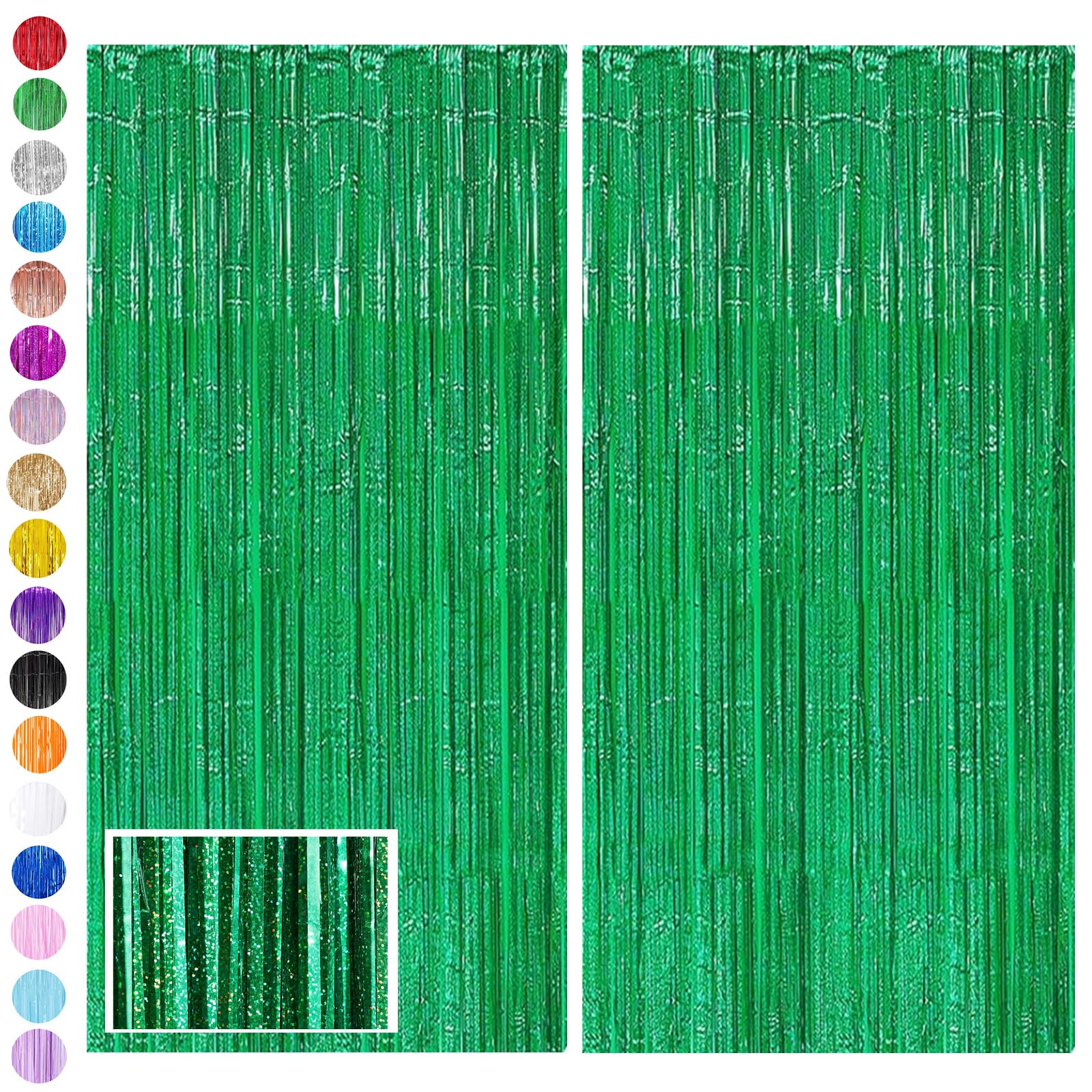 Green Tinsel Curtain Party Backdrop Glitter,2pcs 3.2ft x 6.5ft Foil Curtain Christmas Decorations,Green Foil Fringe Streamers Metallic Tinsel Door Hanging Foil Flow Silk Streamers for Holiday Party