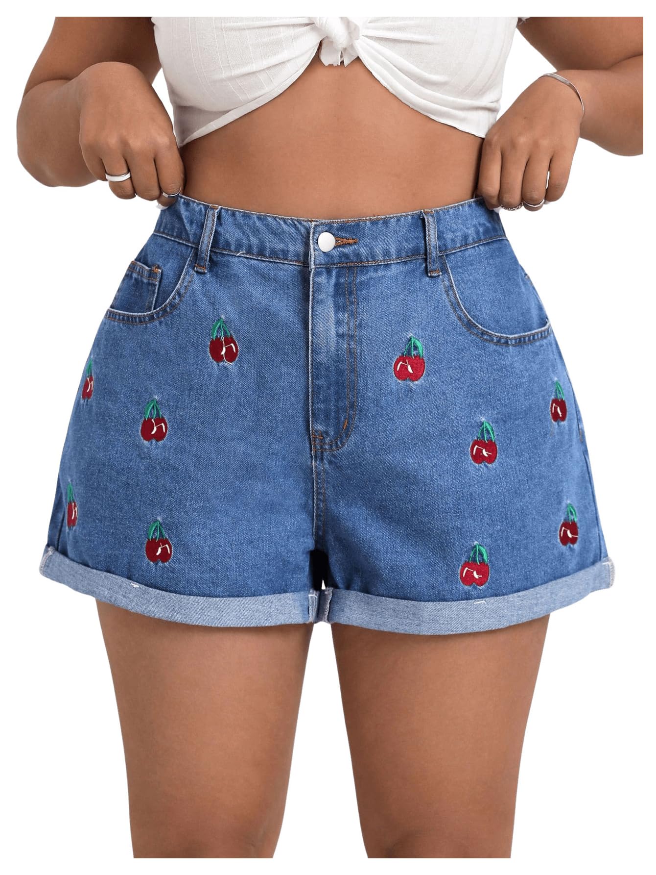 Photo 1 of WDIRARA Women's Plus Size Cherry Embroidery Wide Leg Denim Shorts High Waist Rolled Hem Shorts Blue 0XL