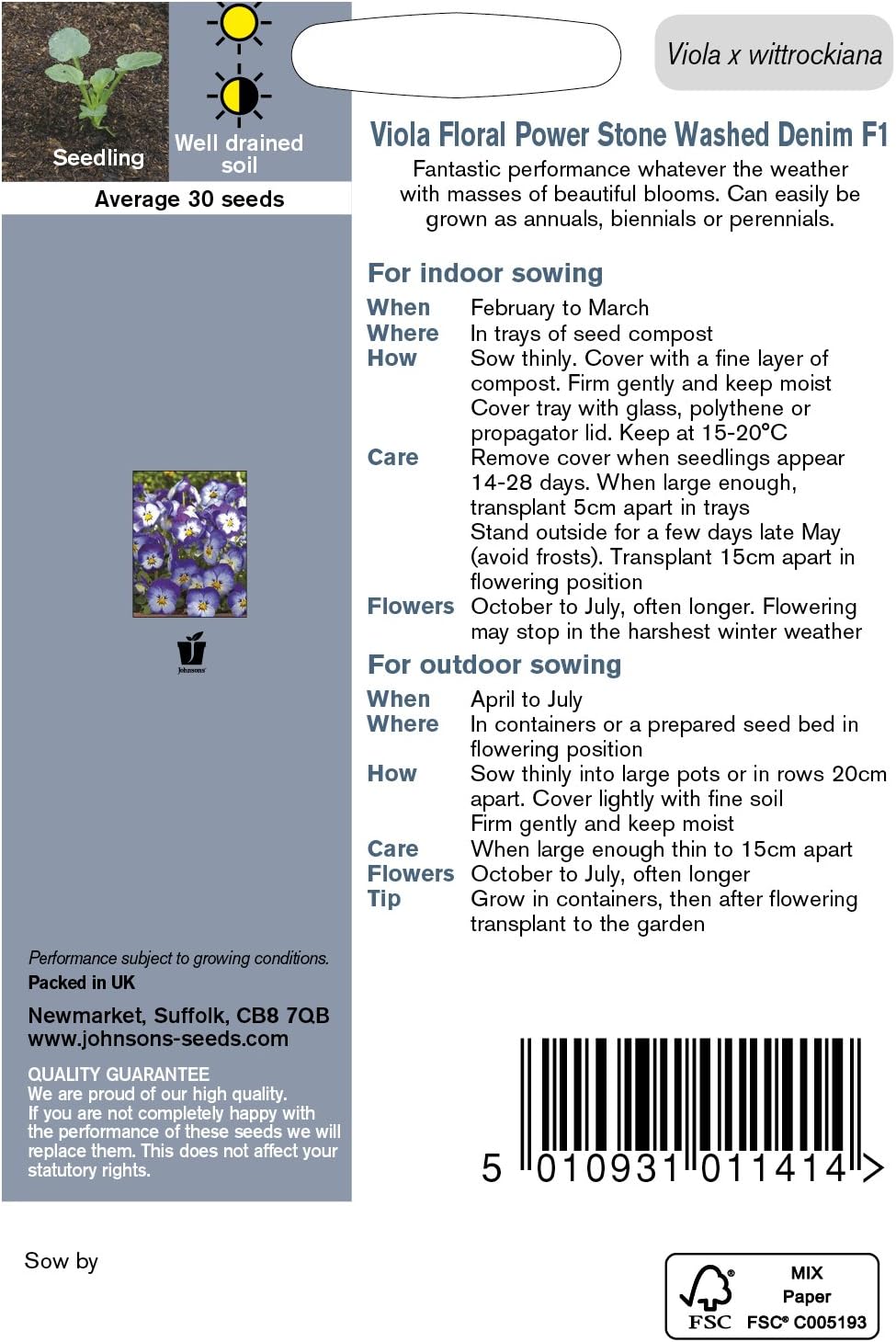 Johnsons 17302 Flower Seeds, Viola Floral Power Stone Washed Denim F1, Blue Shades - Image 3
