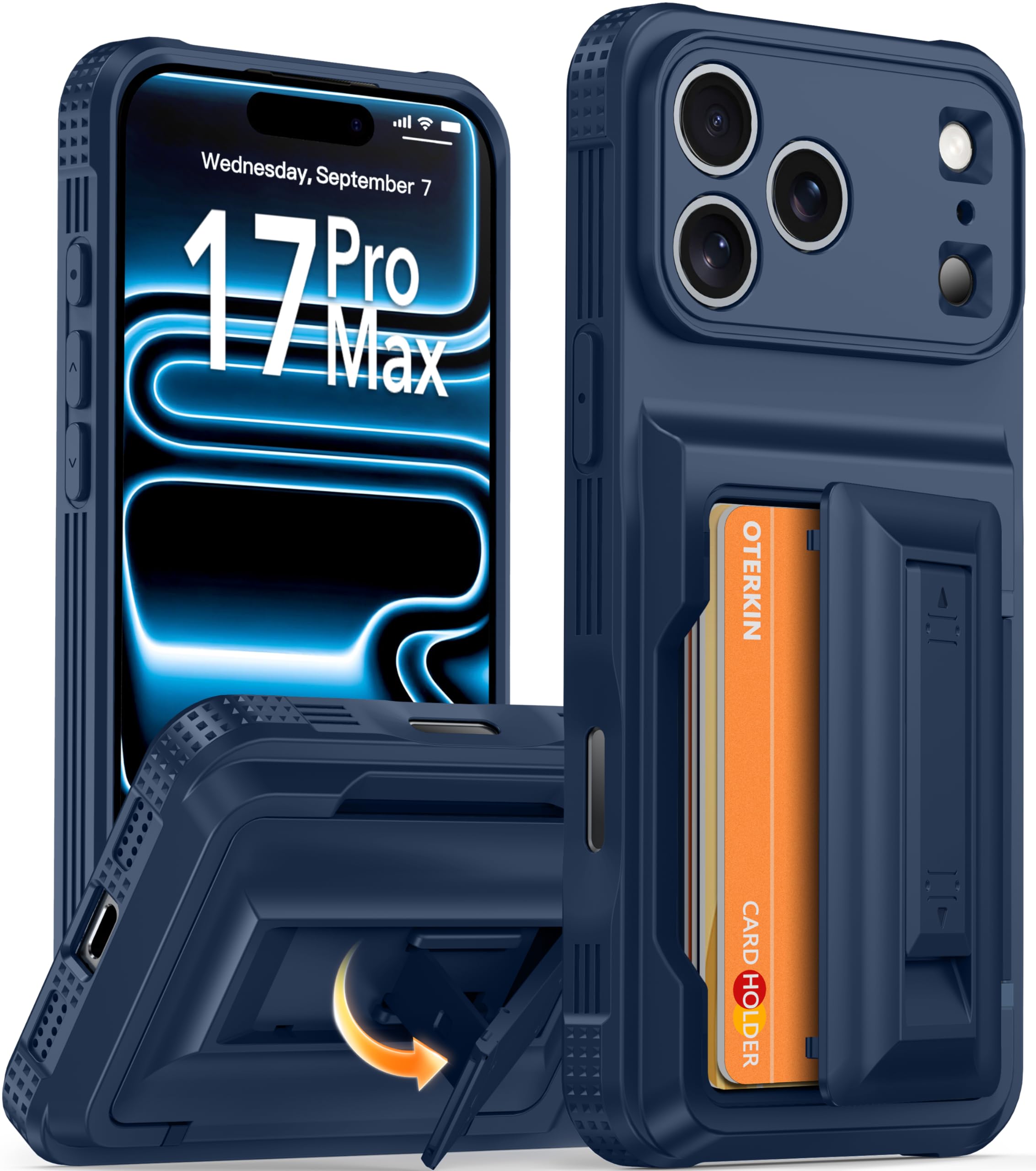 Photo 1 of Oterkin for iPhone 17 Pro Max Wallet Case [4-5 Card Holder] [Full Camera Protection] [RFID Blocking] [Kickstand] [Military Grade Protection] Shockproof Rugged Case for iPhone 17 Pro Max, Dark Blue