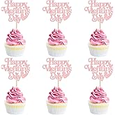 24 PCS Happy Galentines Day Cupcake Toppers,Glitter Sweet Love Valentine Cupcake Picks for Valentine's Day Theme Birthday Party Cake Decorations, Valentines Day Party Decorations Supplies Pink