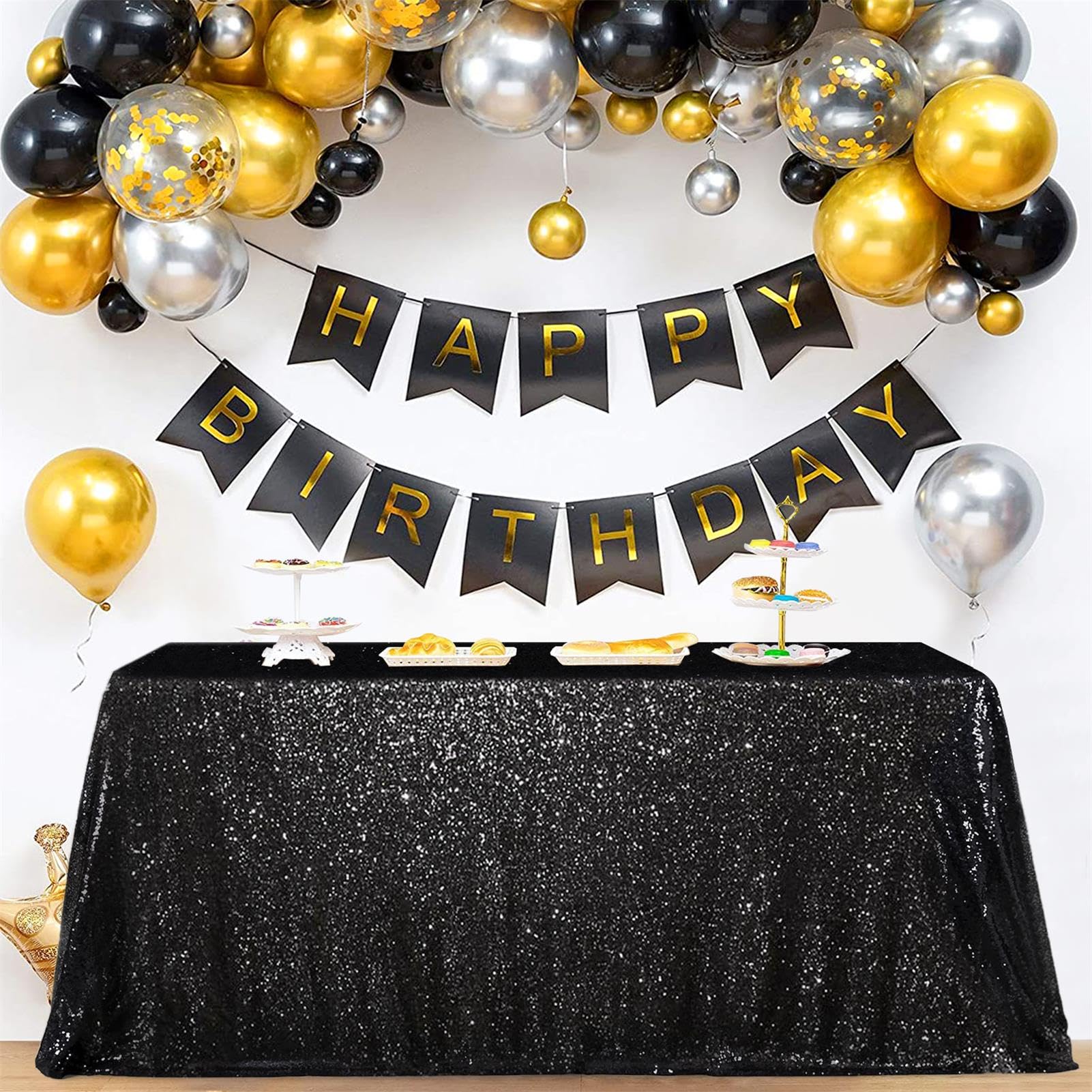 SoarDream Black Sequin Tablecloth 90x156 Inch Rectangle Wedding Tablecloth for Birthday Baby Shower Graduation Indoor Outdoor Halloween Party Table Decorations Image