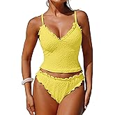 ZAFUL Tankini Swimsuits for Women Ruffle Trim Textured High Cut Tankini Set Two Piece Bathing Suits
