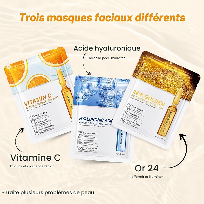 Masque Visage Anti Ride,15PC Masques Acide Hyaluronique+Vitamine C +Or 24K pour le Visage, Masque Hydratant Visage,Anti-âge,Coffret Cadeau Masque Tissu Visage Femme et Homme