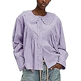 Ymejia Womens Peter Pan Collar Shirt Cotton Button Down Blouses Lace Trim Loose Fit Casual Work Beach Long Sleeve Shirts