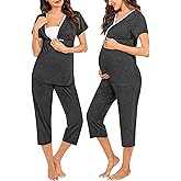 SWOMOG Maternity Nursing Pajamas Set 2 PCS Breastfeeding Sleepwear Short Sleeve Top and Pants Set Pregnancy Pajamas Women