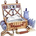 DHAEE Wicker Picnic Basket Set for 4 Person with Cooler Compartment and Waterproof Picnic Blanket,Removable Strap,Wine Bag,Cutlery Set,for Camping,Day Travel,Beach,Hiking,BBQ and Family/Couples Gifts