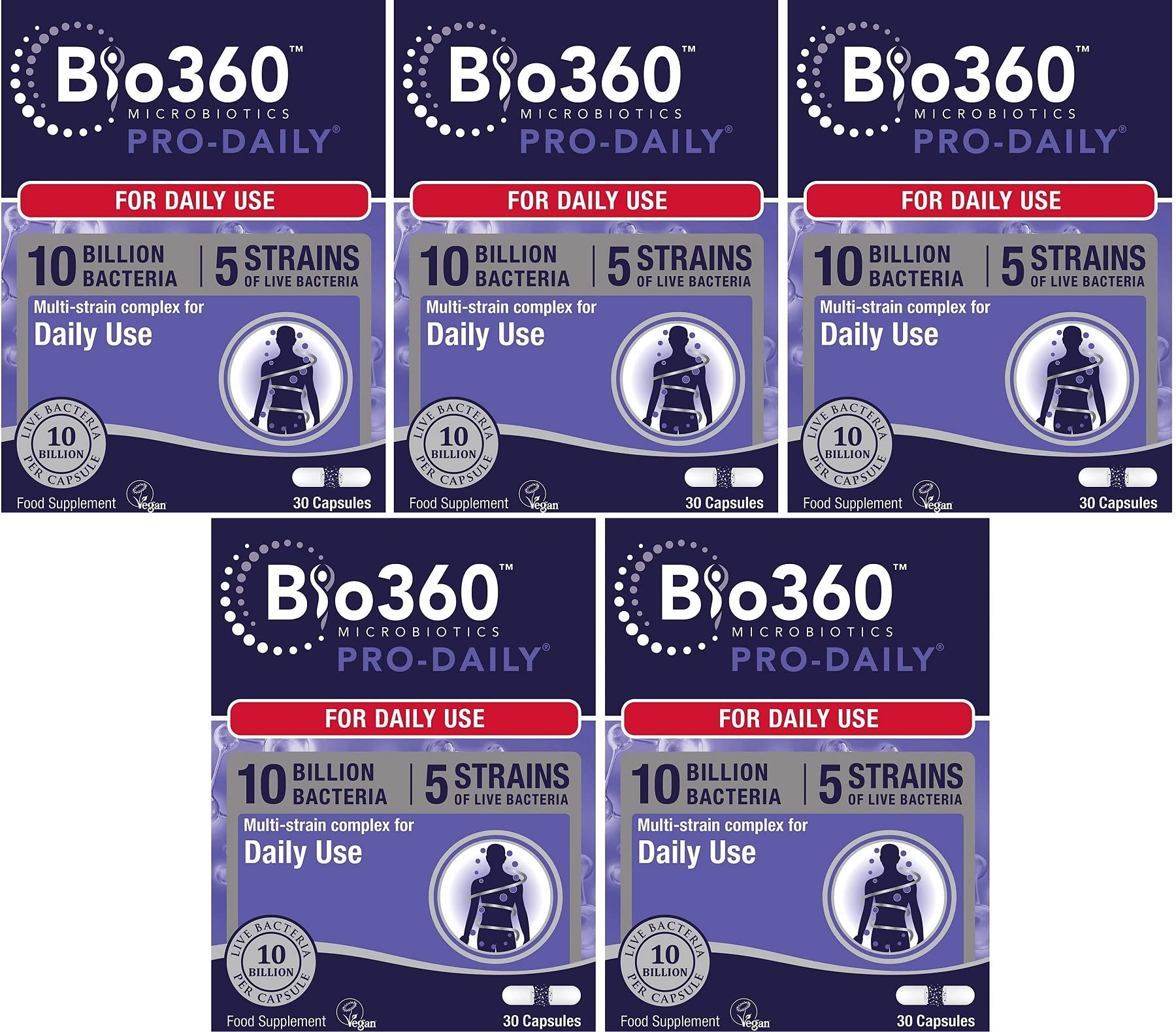 Natures Aid Bio360 Pro-Daily (10 Billion Bacteria) 30 Capsules (Pack of 5)