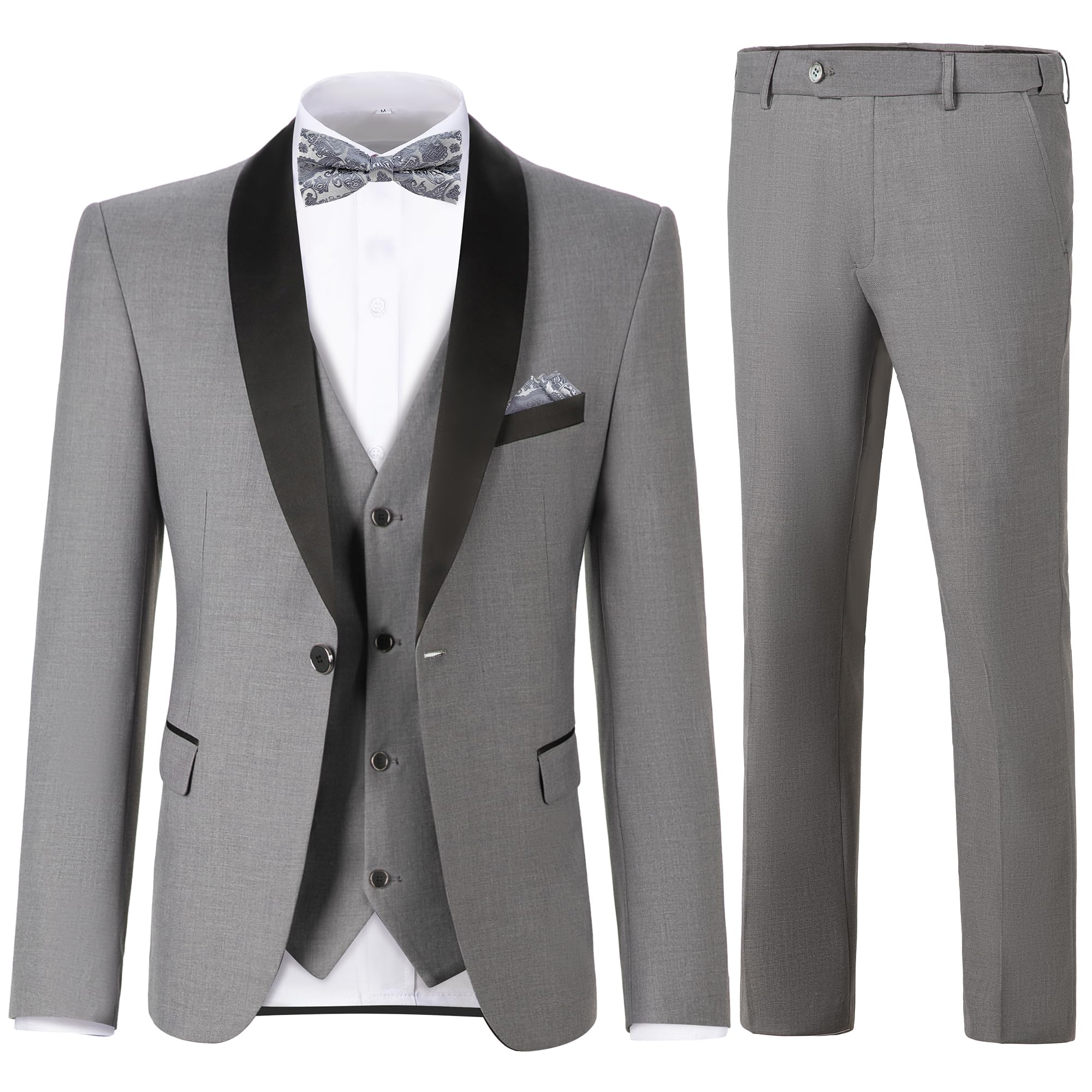 Light Grey ~ Gray Framed  with Vest Microfiber Wedding Fashion Tuxedo For Men  - Three Piece Suit