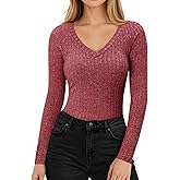 MANGOPOP Long Sleeve T Shirt Women V Neck Shirt Lightweight Ribbed Fitted Sweaters Fall Fashion 2025