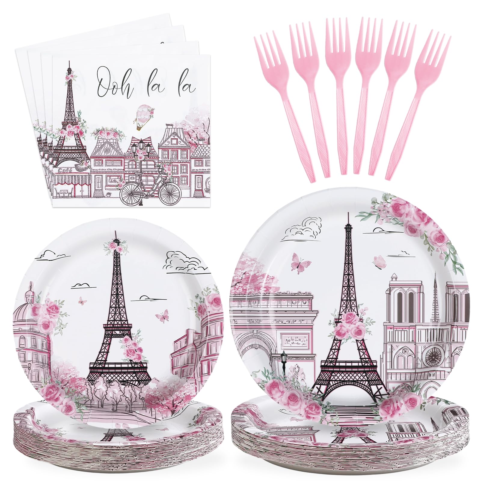 Photo 1 of Grencian 96Pcs Eiffel Tower Theme Party Supplies Paris Tower Pink Rose Plates and Napkins Birthday Party Disposable Tableware Set for Bridal Shower Weddings Paris Theme Decorations Serves 24