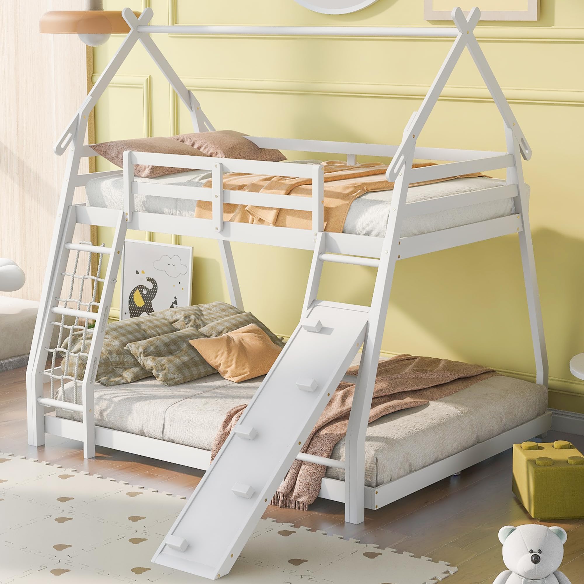 LostCat Twin Over Queen Bunk Bed, Low House Bunk Bed Frame with ...