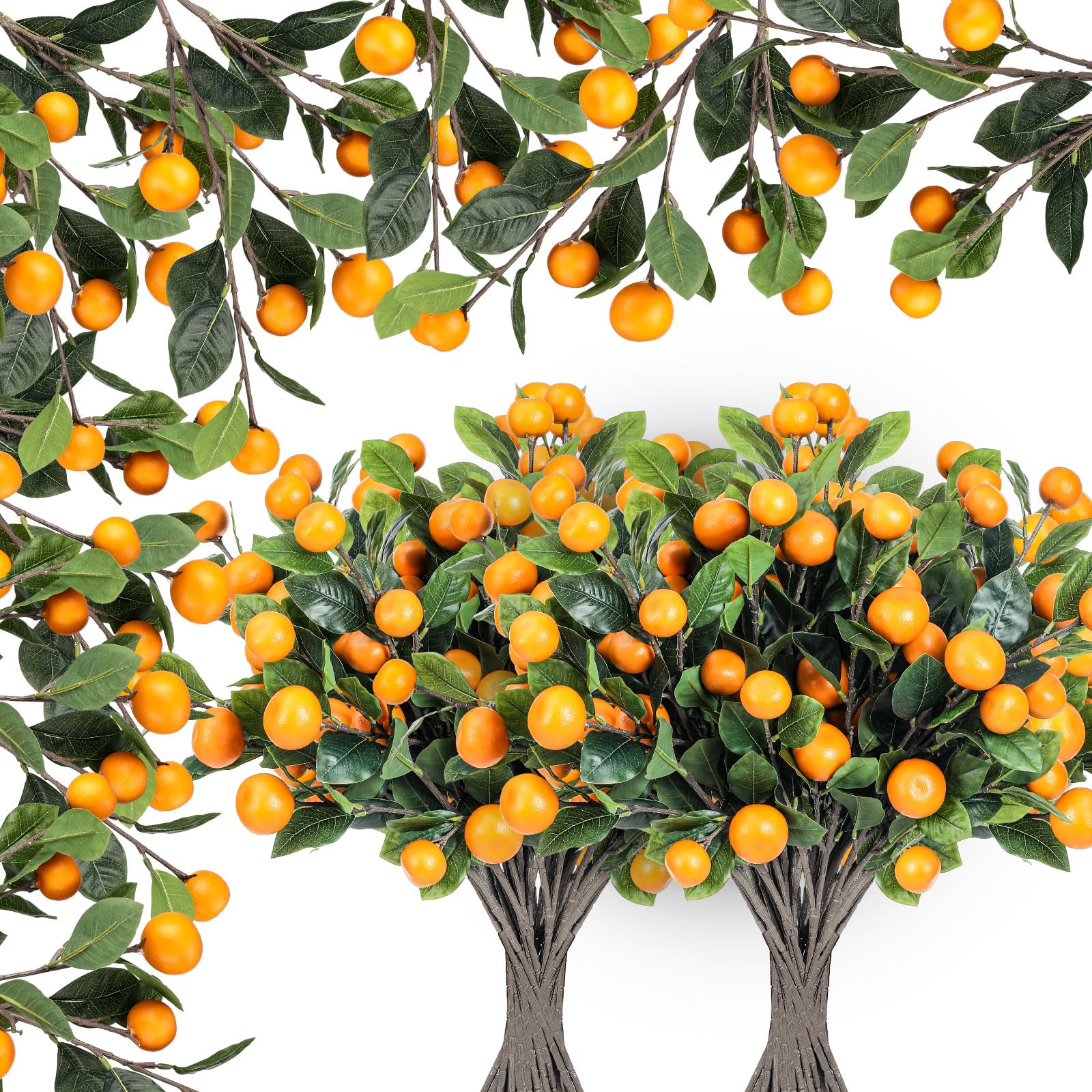 Photo 1 of Daifunli 15 Pcs Artificial Tangerine Branches 25 Inch Realistic Faux Oranges Fruit with Green Leaves Simulation Orange Branch Decorative Kumquat Tangerine for Home Vase Party Decoration (6 Oranges)