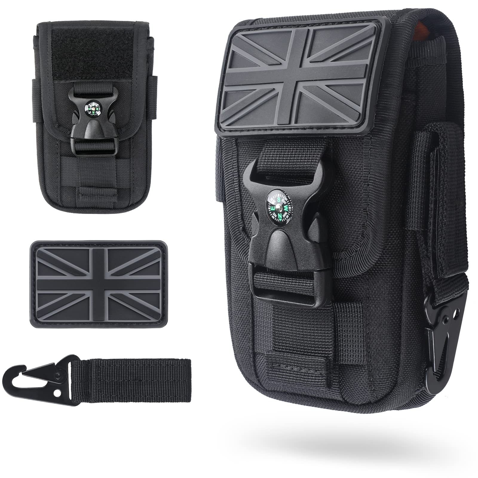 WYNEX Tactical Molle Phone Pouch with Compass Buckle, Tactical Phone Holster Molle Cell Phone Pouch Universal Belt Waist Bag for IP 13/12/11 Max / S21 with UK Patch & Gear Clip Buckle