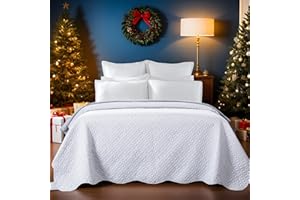 AYASW Bedspread Only Queen Size Lightweight Pinsonic White Bedspread All-Season 1 Piece The Copper Pattern for Queen Bed Reversible White and Light Grey Easy Care Summer Decor