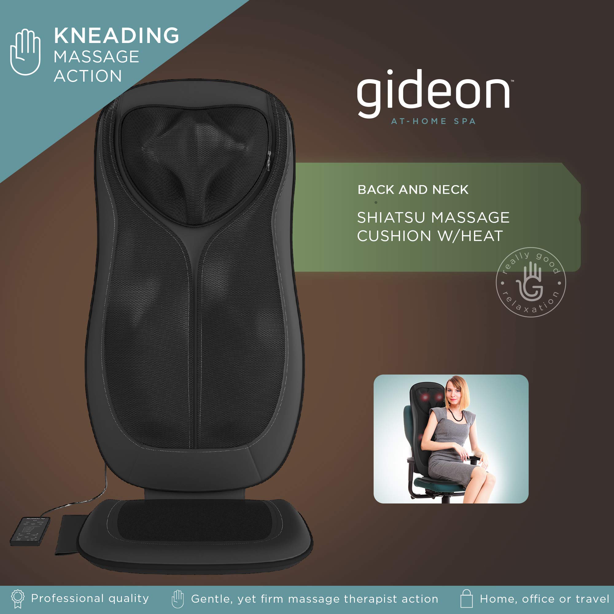 Gideon Luxury Six-Program Fully Customizable Back and Neck Massaging Cushion with Heat / Shiatsu Deep Kneading, Rolling and Vibrating – Massage Sitting Area, Full Back and Neck