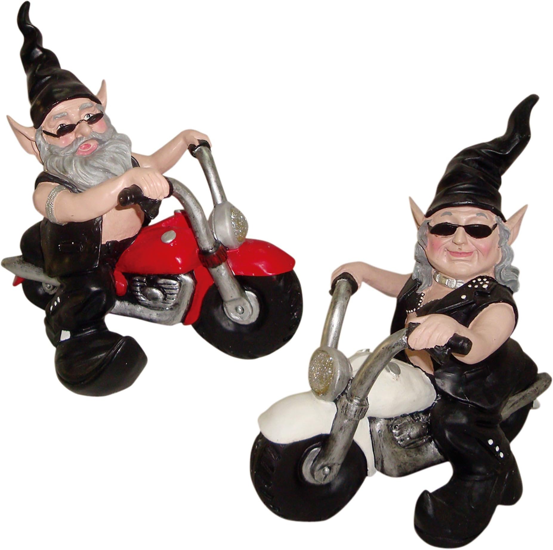 Nowaday Gnomes - "Biker Dude & Babe The Biker Gnomes in Leather Motorcycle Gear Riding Red and White Hogs Home & Garden Gnome Statue 12" H