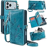 Lacass for iPhone 17 Pro Max Case Wallet,[Cards Theft Scan Protection] Card Holder Zipper Leather Flip Cover Crossbody Wrist Strap with Stand (Floral Blue Green)