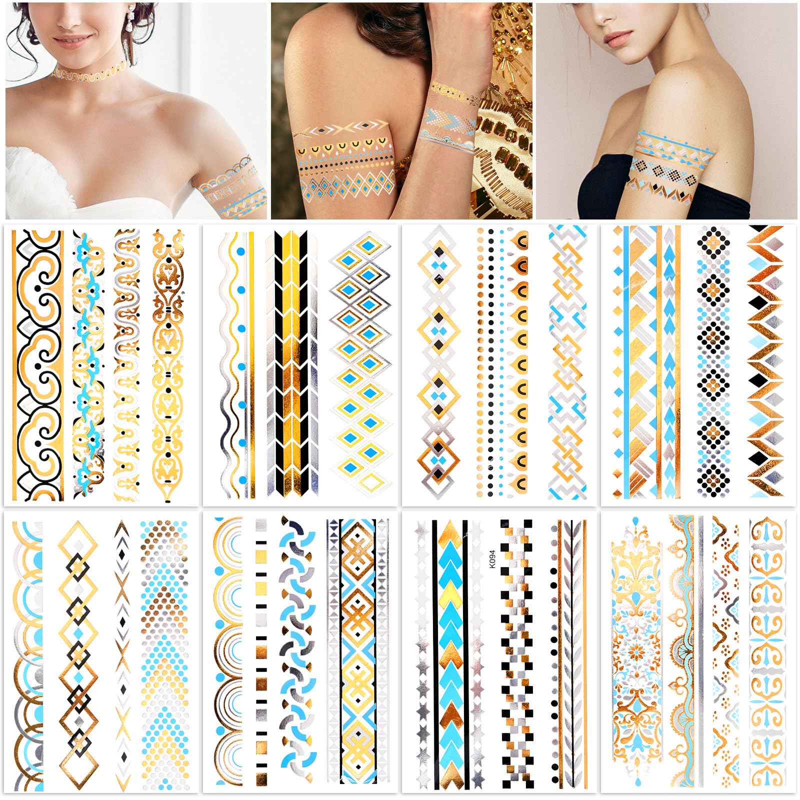 HOWAF 8 Sheets Gold Temporary tattoos, Gold Tattoos Temporary Metallic Tattoos Glitter Tattoos Festival Tattoos Flash Fake Waterproof Tattoo Stickers for Women Girls Body Art