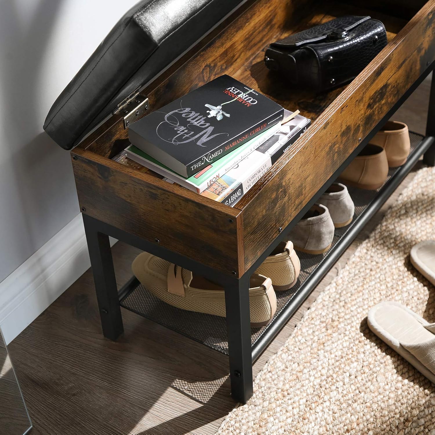 VASAGLE CAPADION Shoe Bench, Padded Bench with Storage Box and Shoe Shelf, Bedroom Stool, Steel Frame, Synthetic Leather, Industrial, Rustic Brown and Black ULSB46BX: Kitchen & Dining