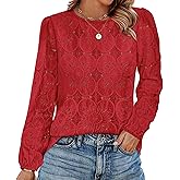 OFEEFAN Blouses for Women Dressy Casual Spring Tops 2026 Summer Outfits Flower Lace Crochet Long Sleeve Shirts