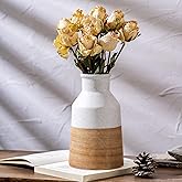 Rustic Farmhouse Flower Ceramic Striped Vase, White and Brown Decorative Ceramic Modern Floral Vase for Bouquet, Cottage Home Core Decor, Tabletop Bedroom Office Bookshelf Living Room Wedding 7.7 Inch