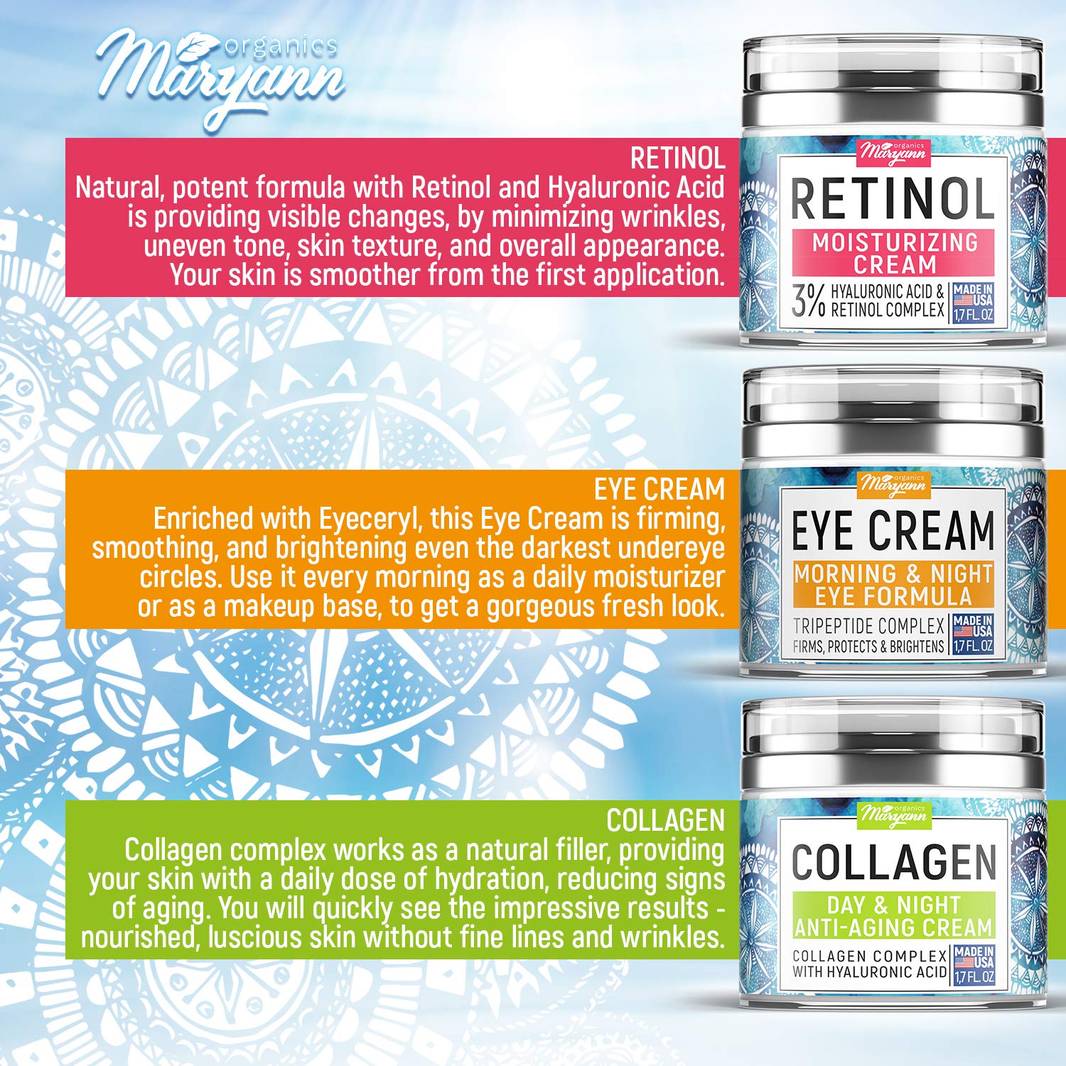MARYANN Organics Collagen Cream - Anti Aging Face Moisturizer - Day & Night - Made in USA - Natural Formula with Hyaluronic Acid & Vitamin C - Cleanse, Moisturize, and Protect Your Skin: Beauty