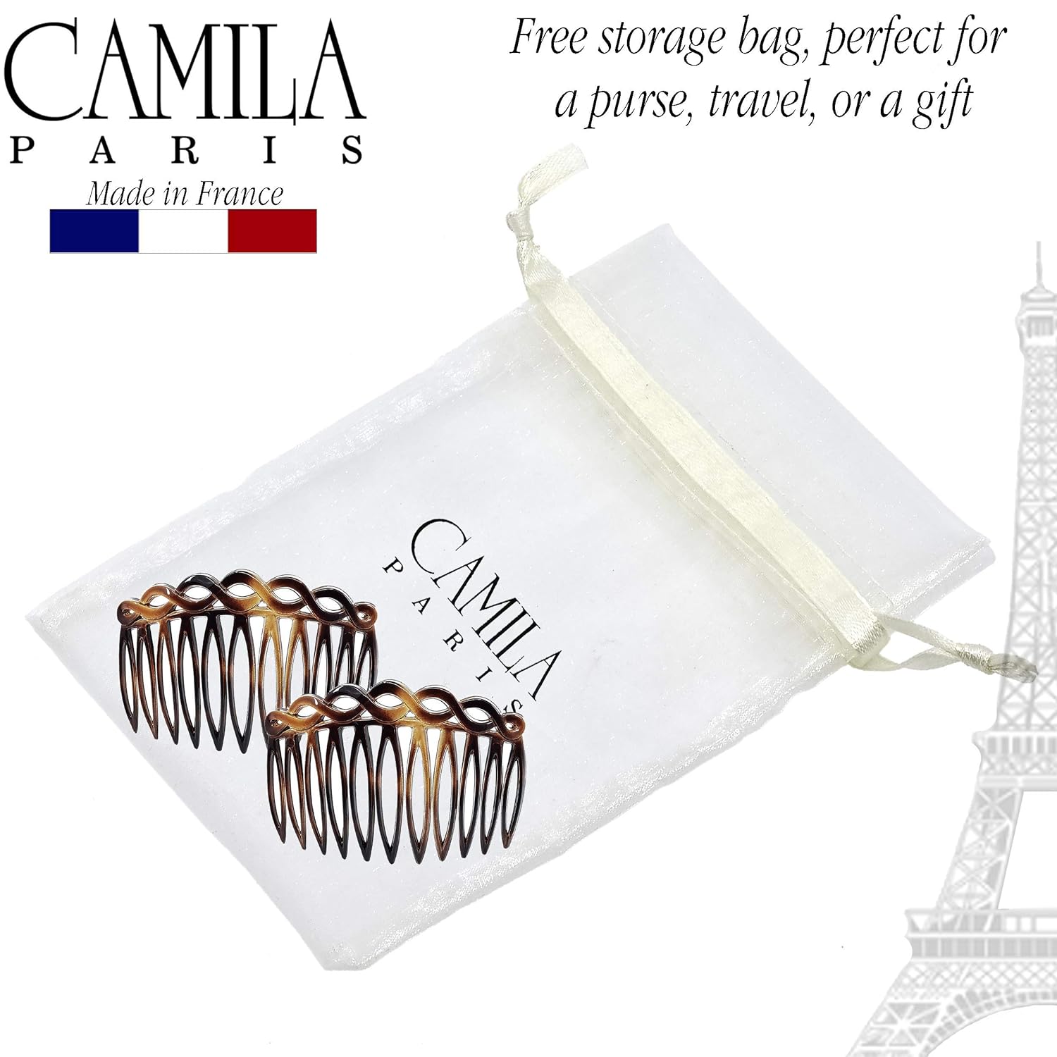 Camila Paris CP33/2 French Hair Side Combs Small Set of 2 Tortoise Shell Flexible Durable Cellulose Hair Combs, Strong Hold Hair Clips for Women, No Slip Styling Girls Hair Accessories, Made in France : Beauty