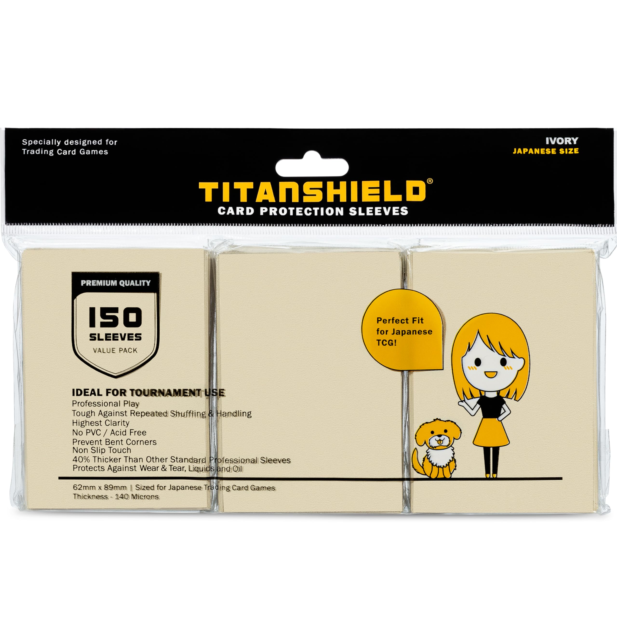 TitanShield 150 Ivory Small Japanese Sized Trading Card Sleeves Deck Protector for Yu-Gi-Oh, Cardfight!! Vanguard & More